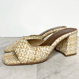 Jeffrey Campbell Melange White Tan Woven Block Heel Sandal 8 1/2
